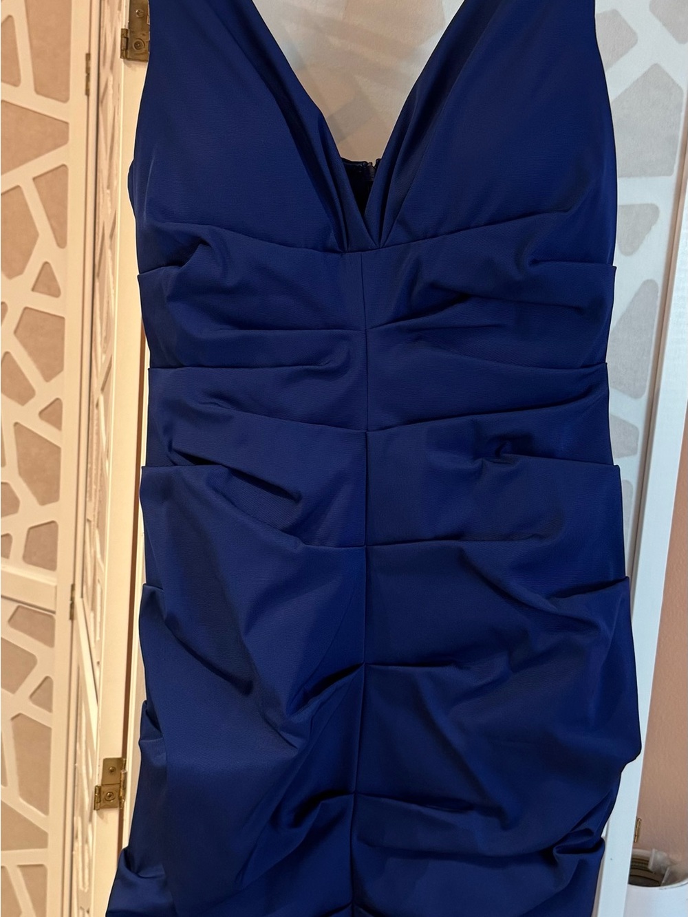 Xscape Strapless Ruched V-Neck Dress in Royal Blue